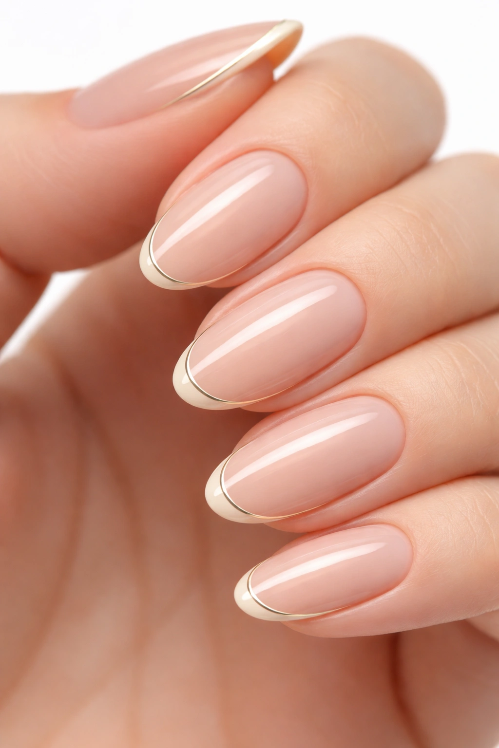 Oval nails with minimalist line art French tips featuring a single fine line along the tip.
