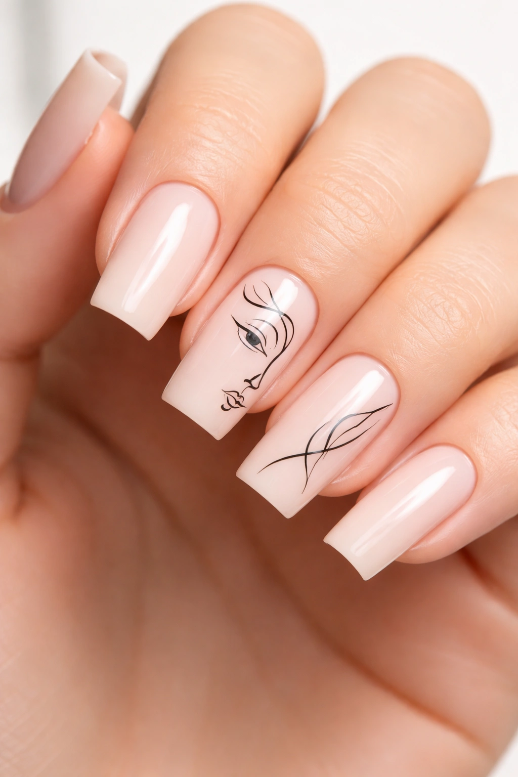 Close-up of square nails with simple line art designs on accent nails