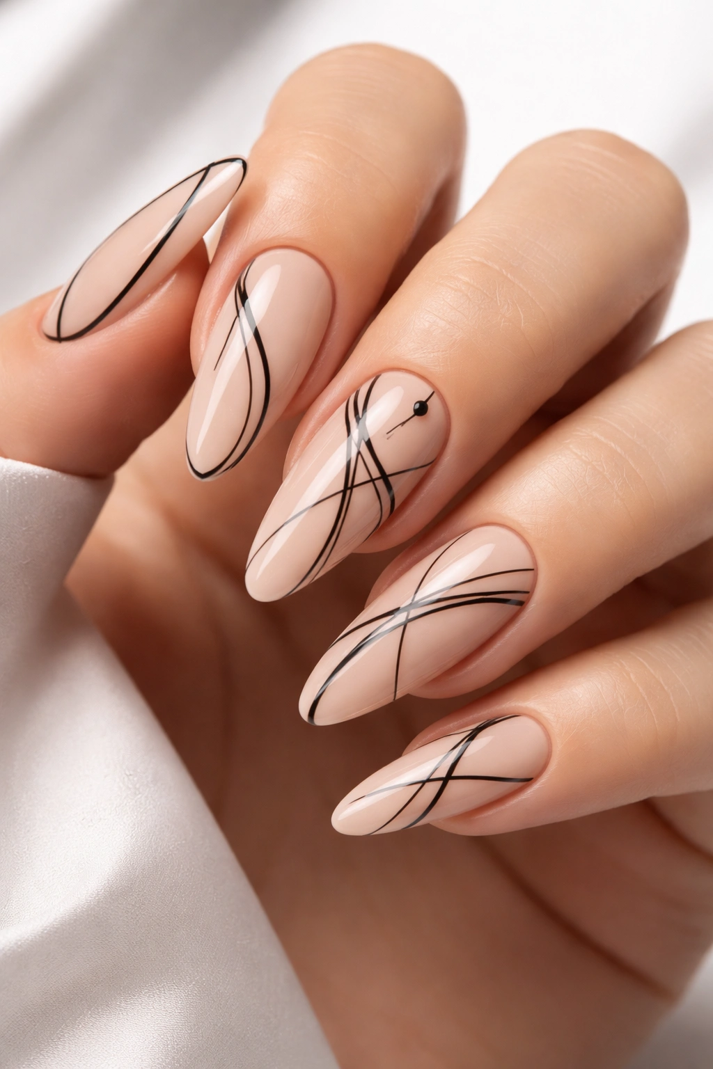 Minimalist line art nails on nude base