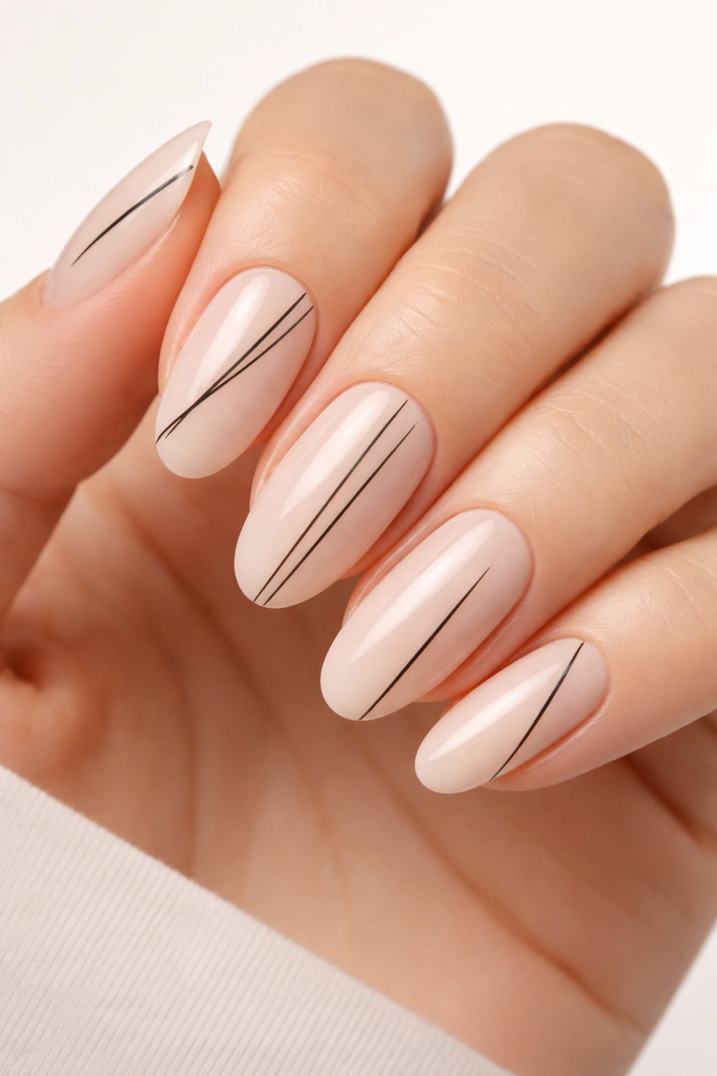 Long oval nails with minimalist black line art on pale base