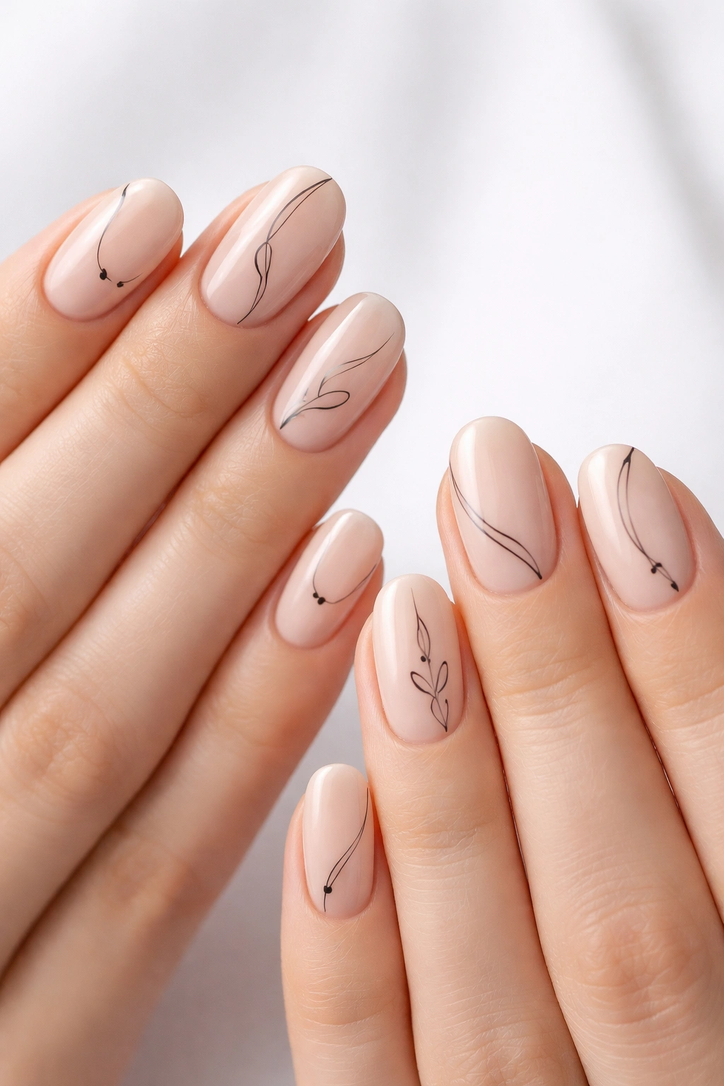 Nails with minimalist black line art on nude bases