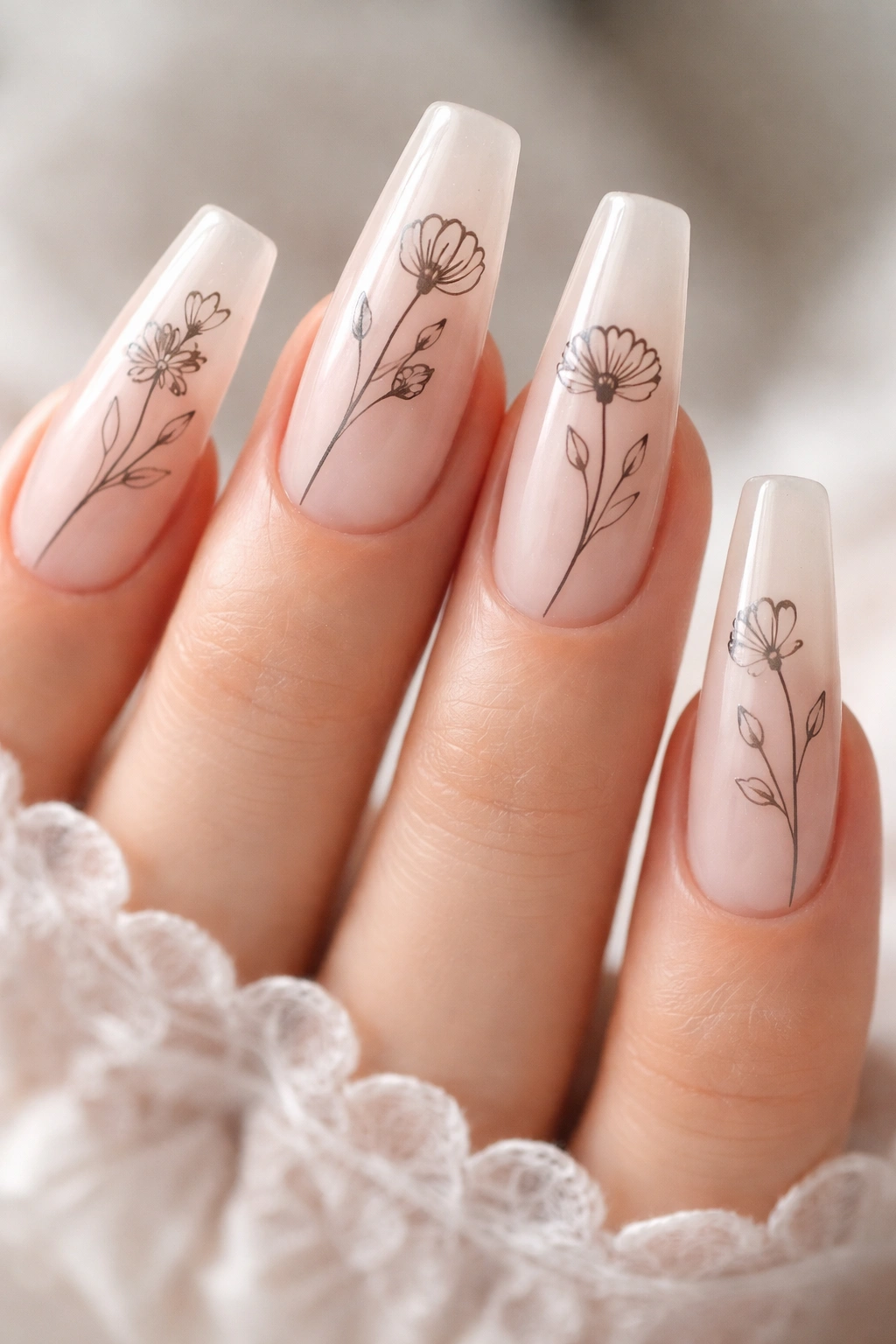 Nails with minimalist line-art floral outlines on light base