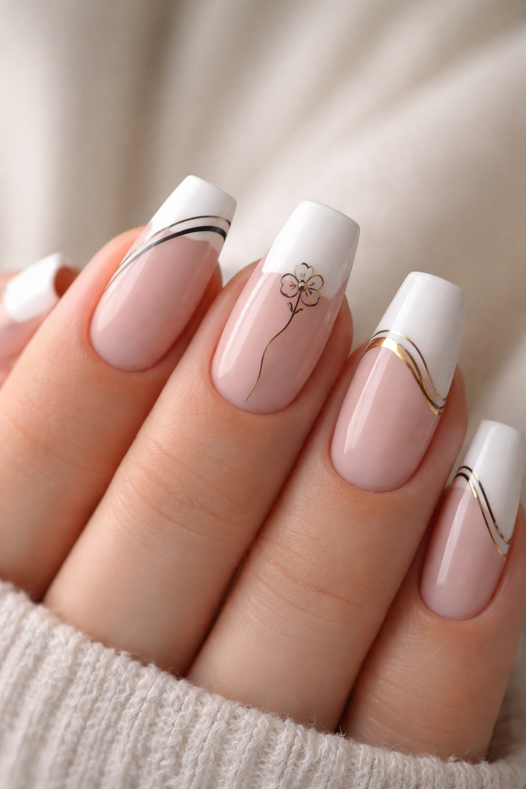 Close-up of minimalist line art on white French tips on medium coffin nails