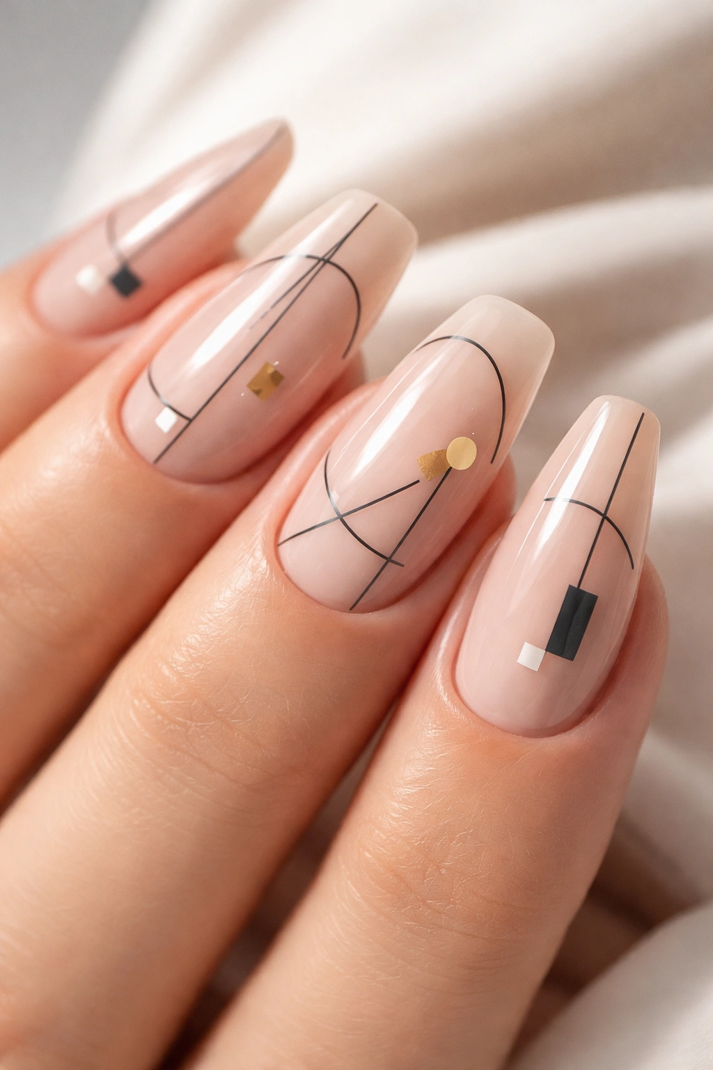 Reverse duck nails with minimalist line art and geometric shapes