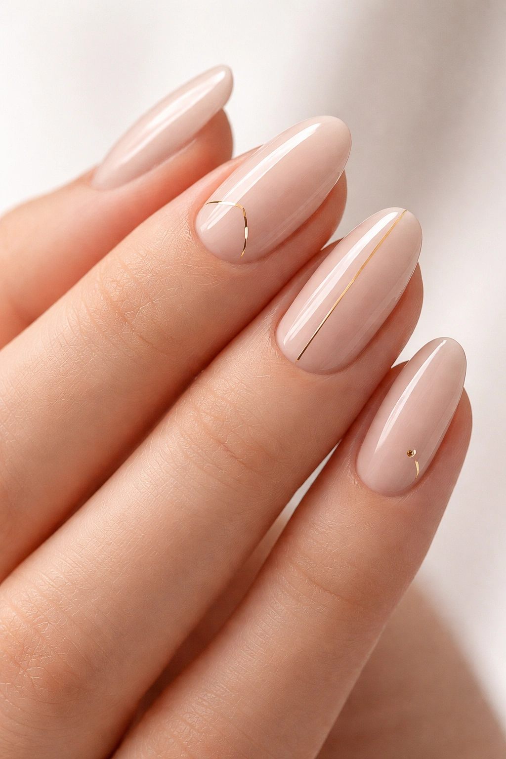 Close-up of nails with minimalist line art featuring thin metallic stripes on nude base