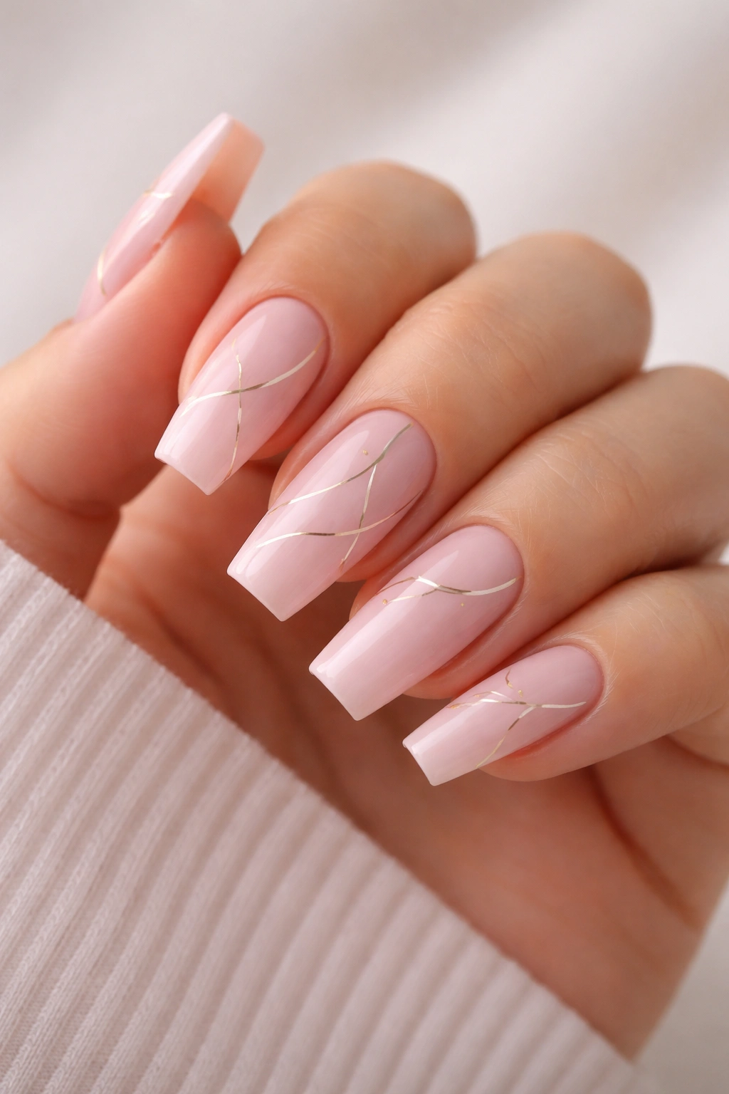 Minimalist line art on light pink coffin nails close-up
