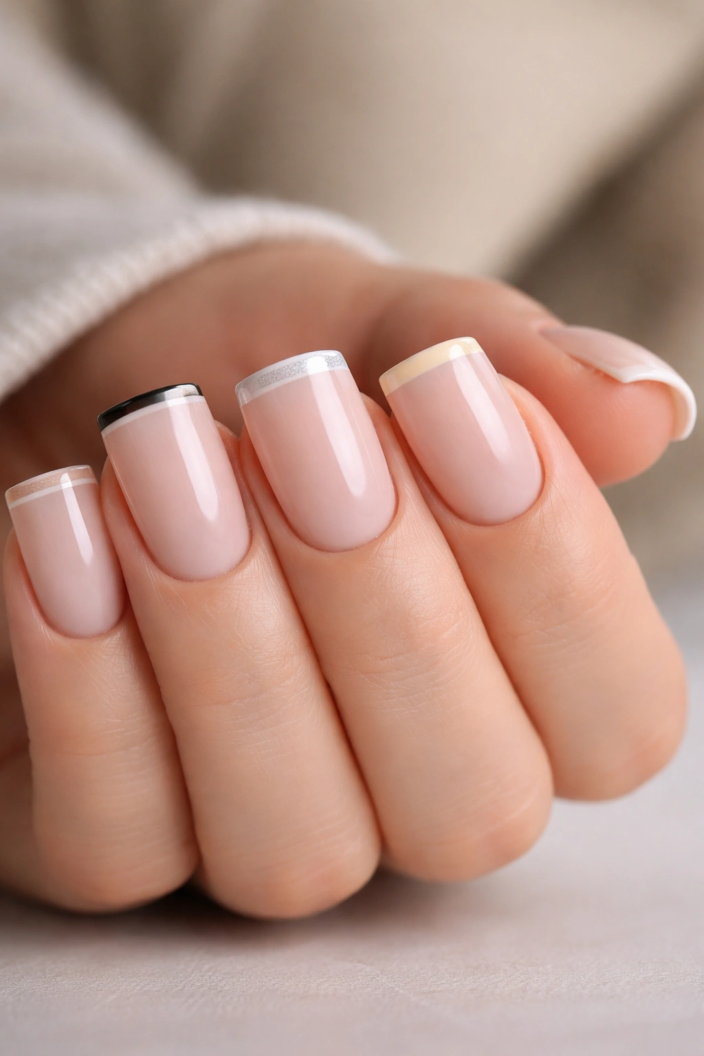 Close-up of short nails with a single thin line along the duck edge