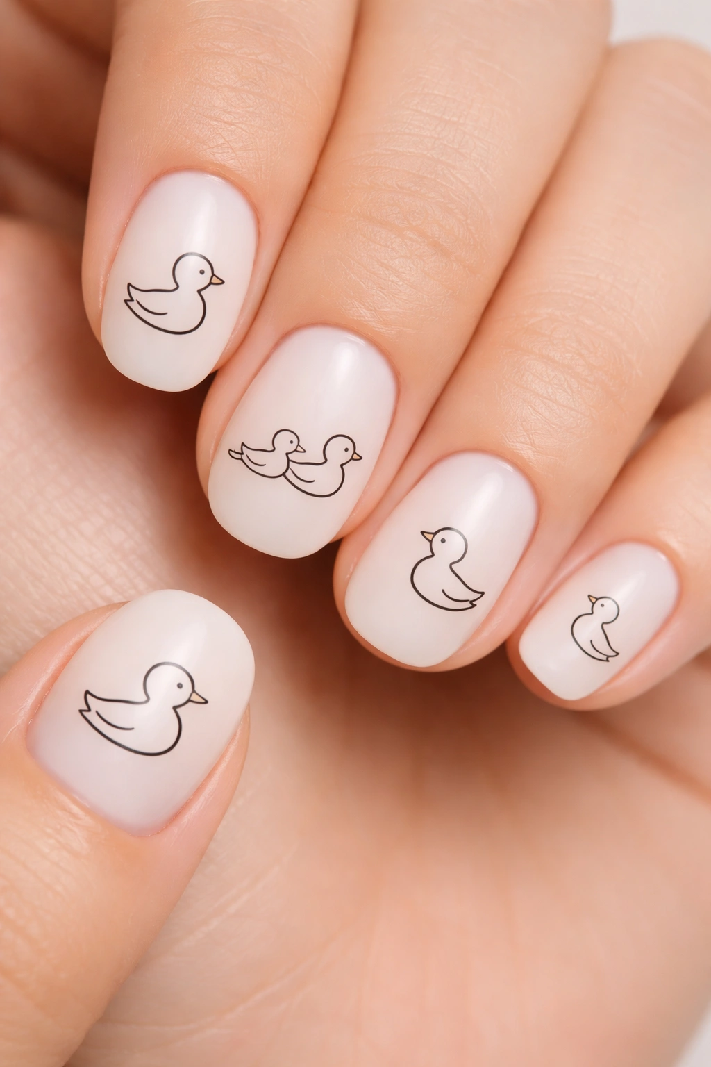 Minimalist duck line art on pale nails