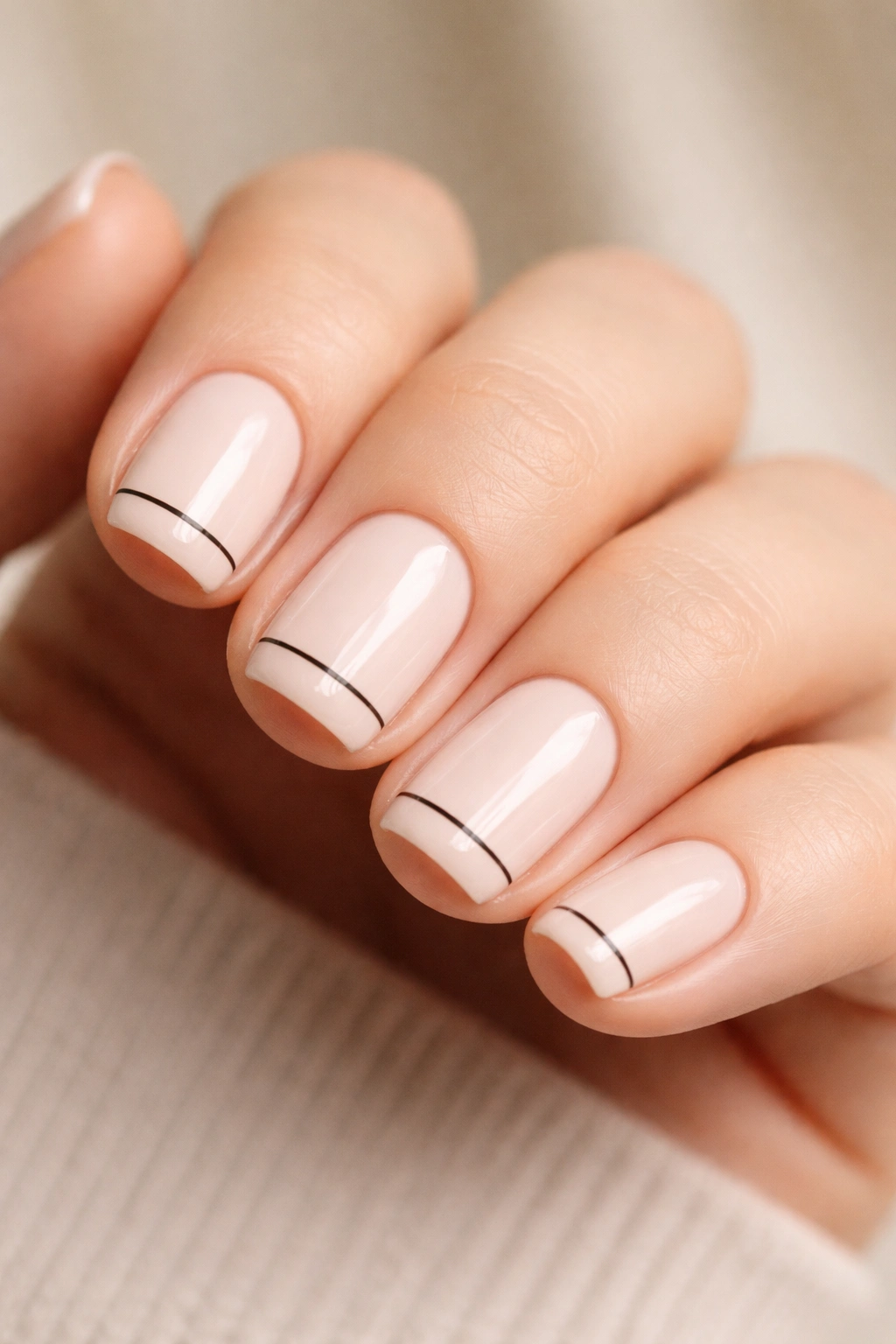 Close-up of squoval nails with a single thin line across the nail