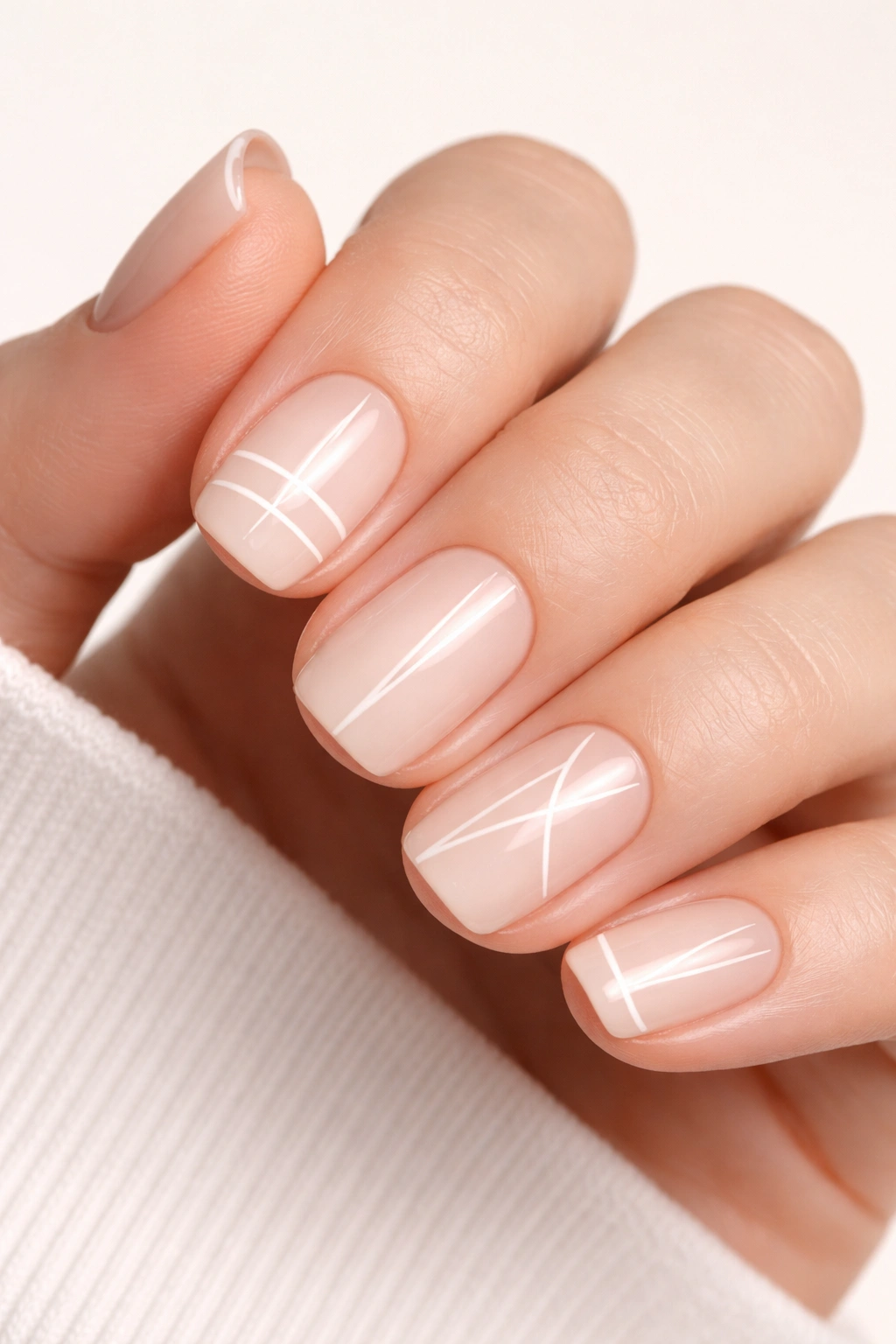 Close-up of squoval nails with minimalist white geometric lines on a neutral base