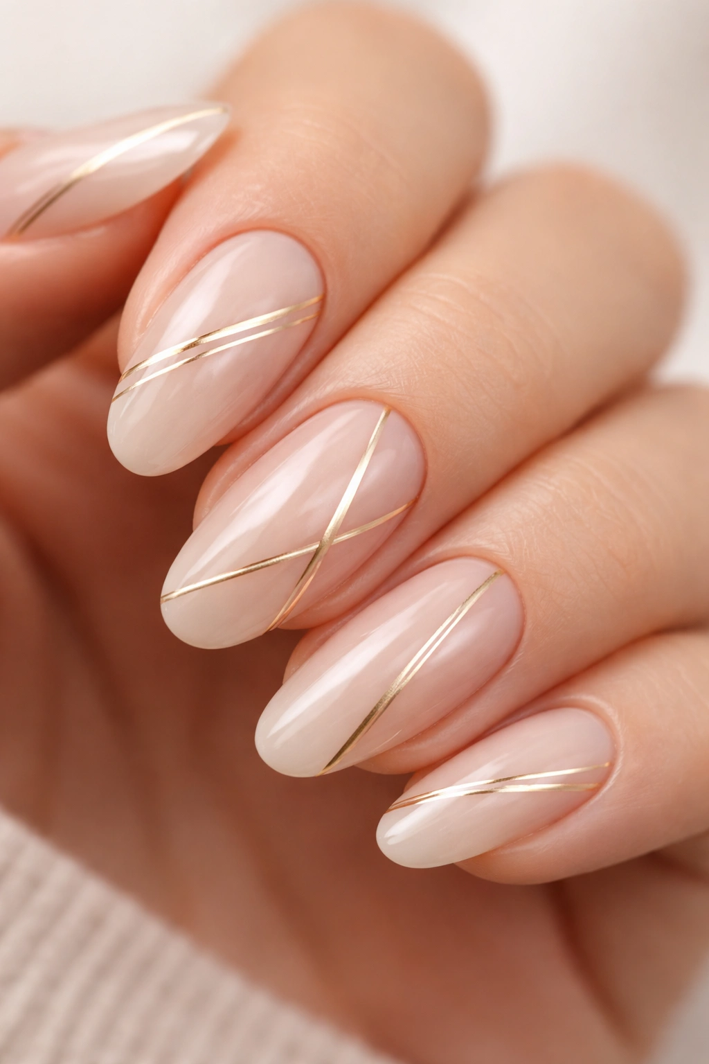 Close-up of nails with single metallic stripe and geometric line work on a neutral background