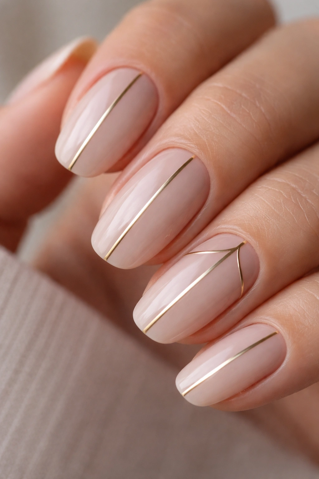 Close-up of nails with minimal silver lines on a solid base