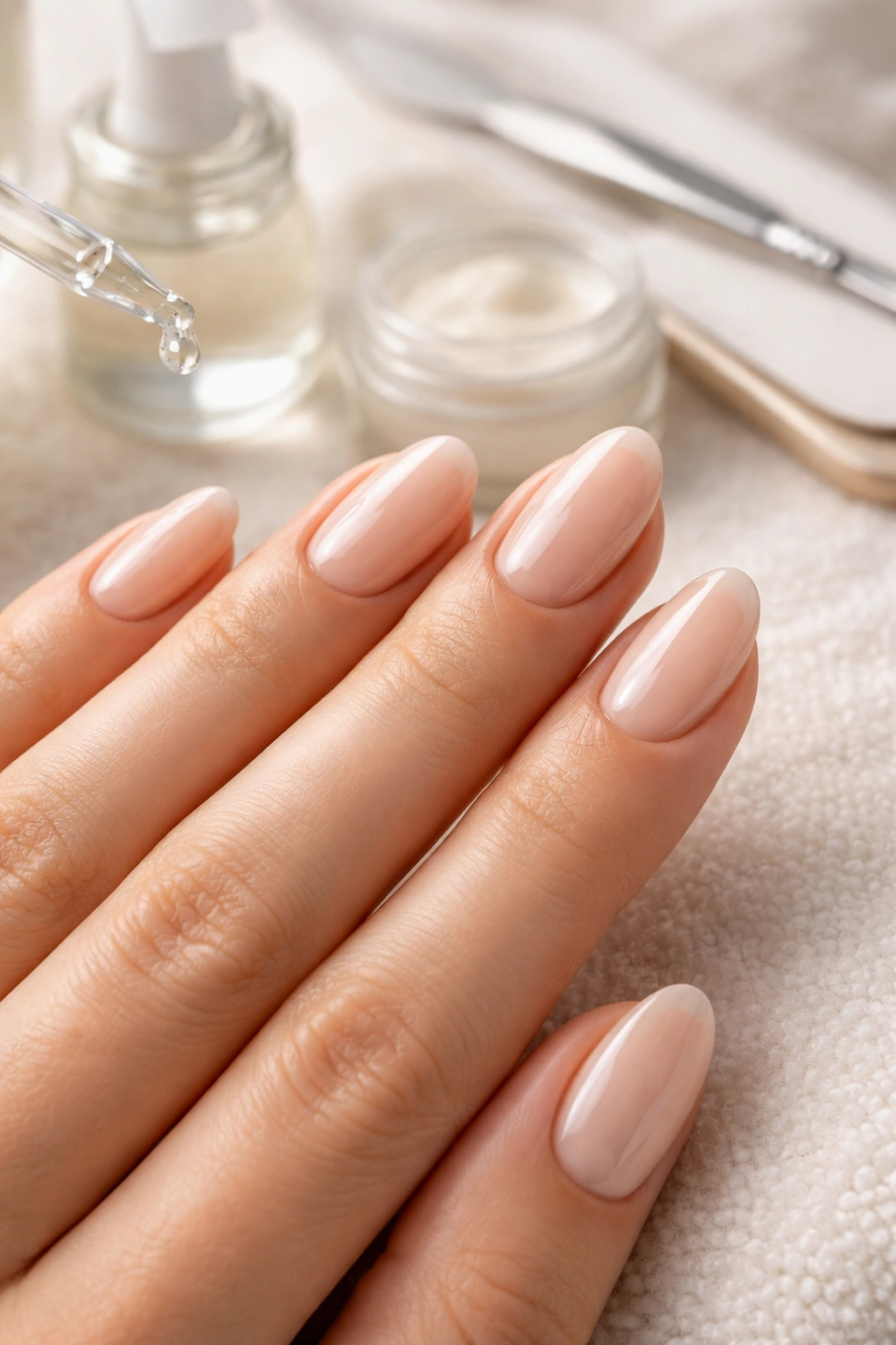 Close-up of a hand with pristine minimalist nails and high gloss