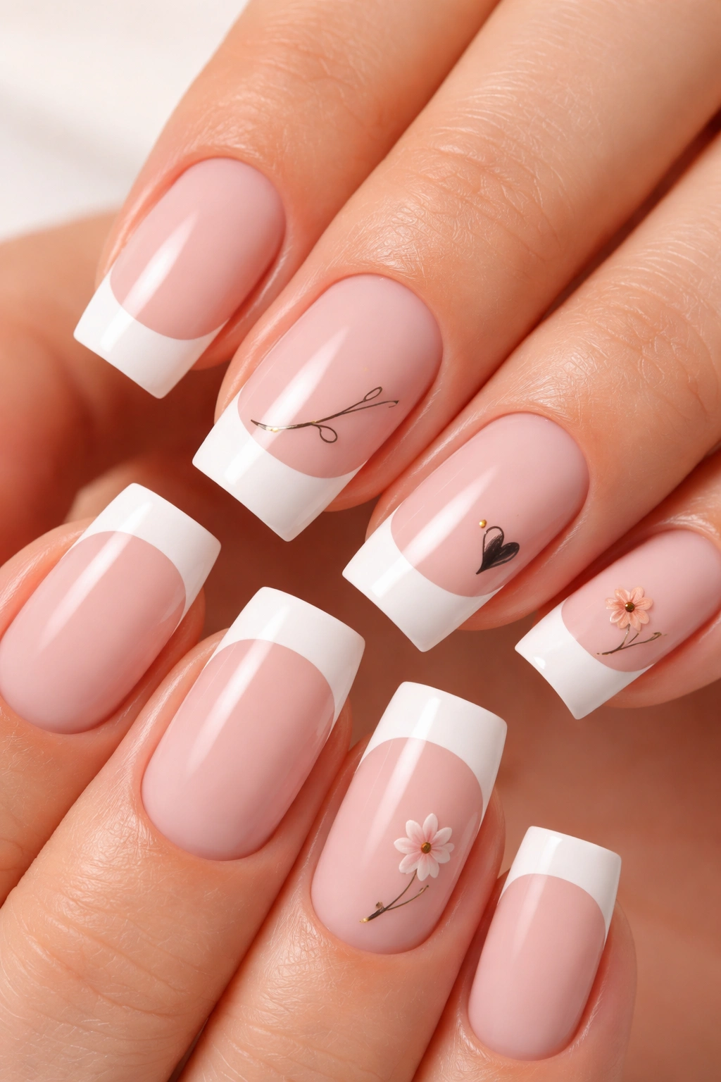 Nails with minimalist hand-painted art on French tips