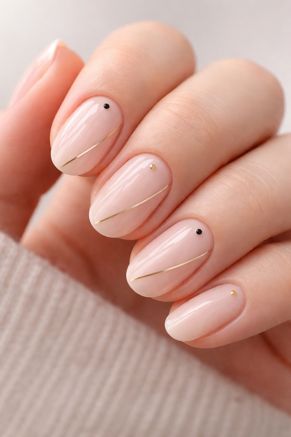 Close-up of minimalist nail art with dots and a metallic line