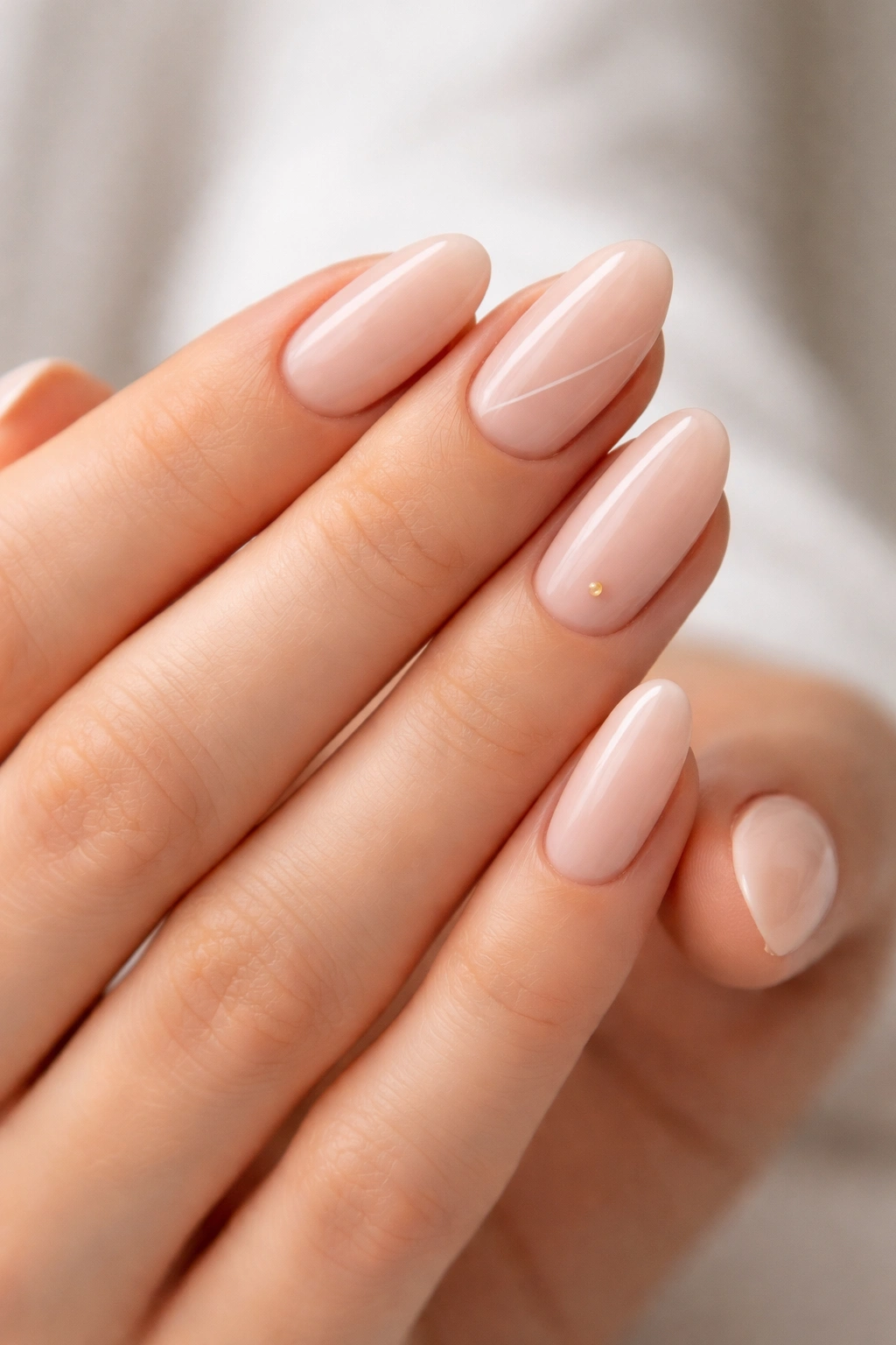 Close-up of minimalist nail art on nude nails with a tiny accent line