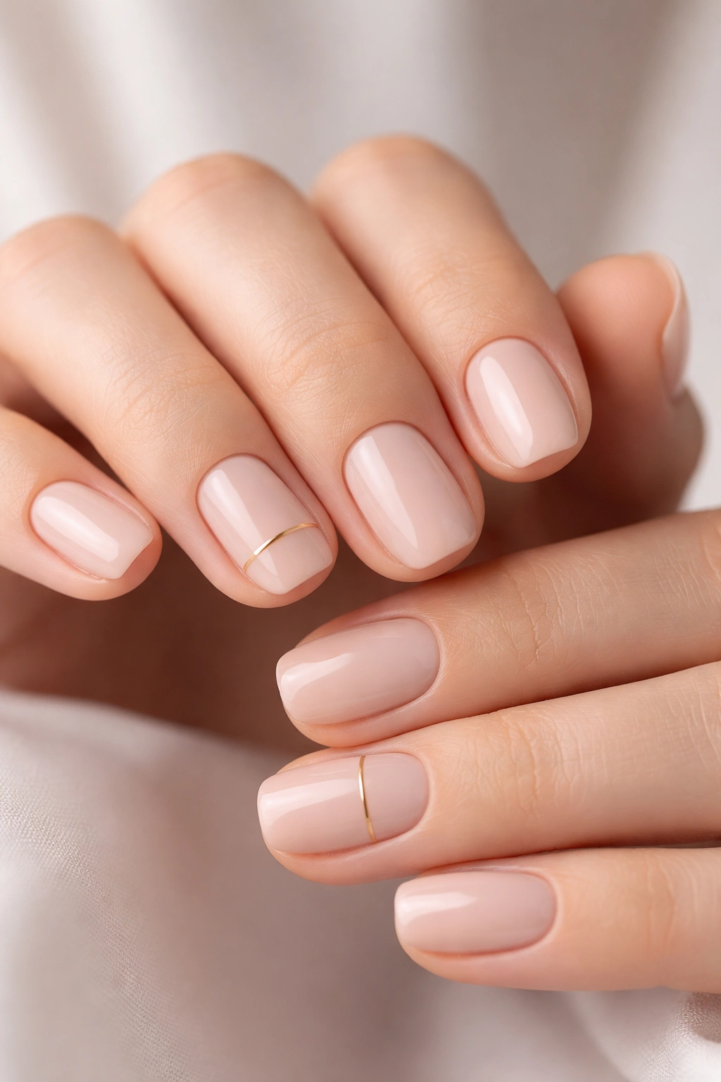 Close-up of hands with minimalist nail art featuring a thin gold stripe