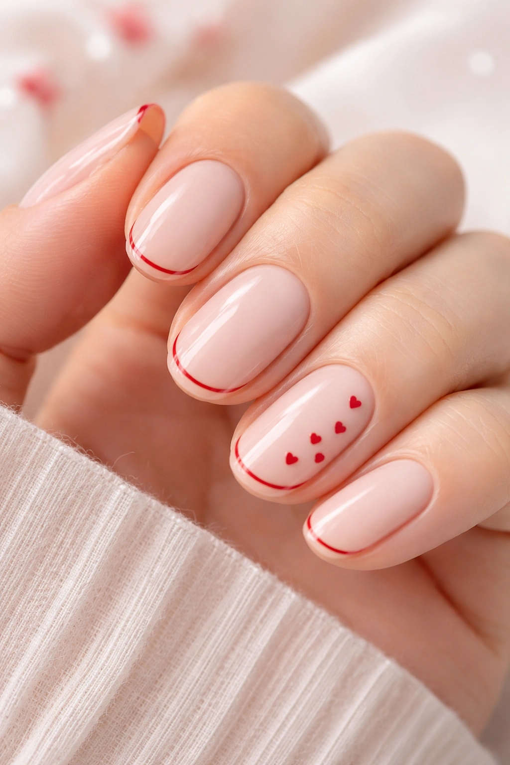 Close-up of nails with tiny hearts and fine linework