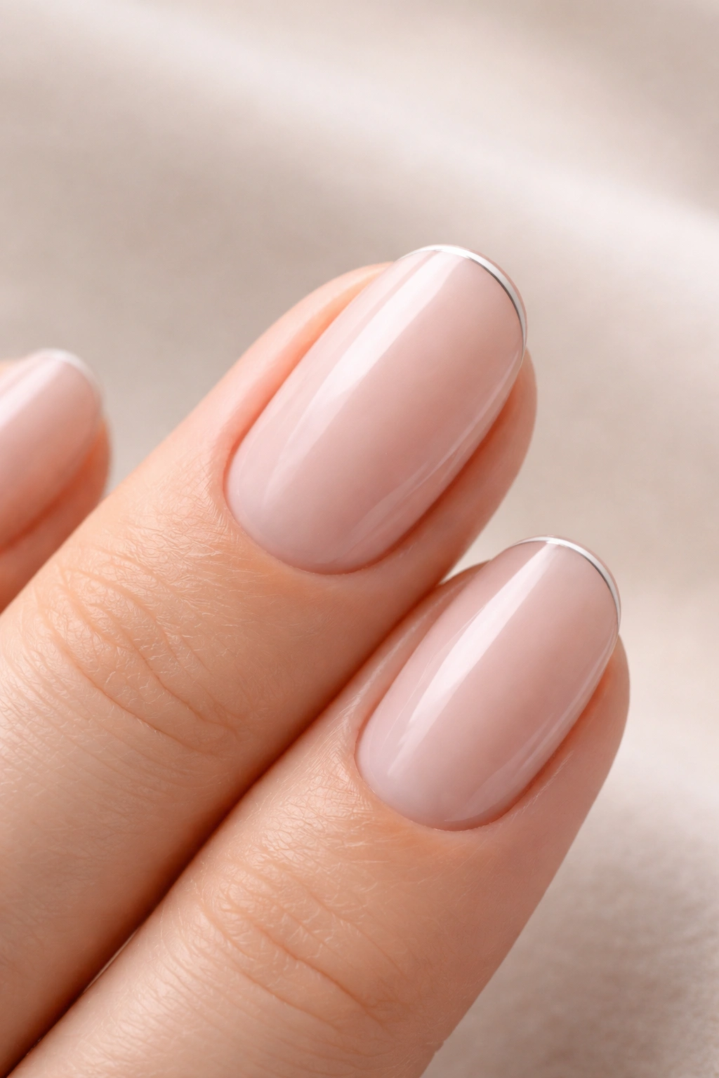 Close-up of a nude minimalist nail on a neutral background