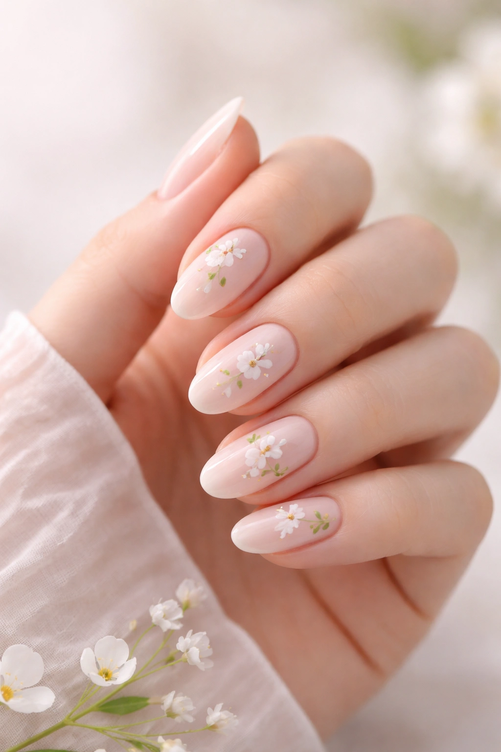 Close-up of hand with minimalist manicure on neutral background