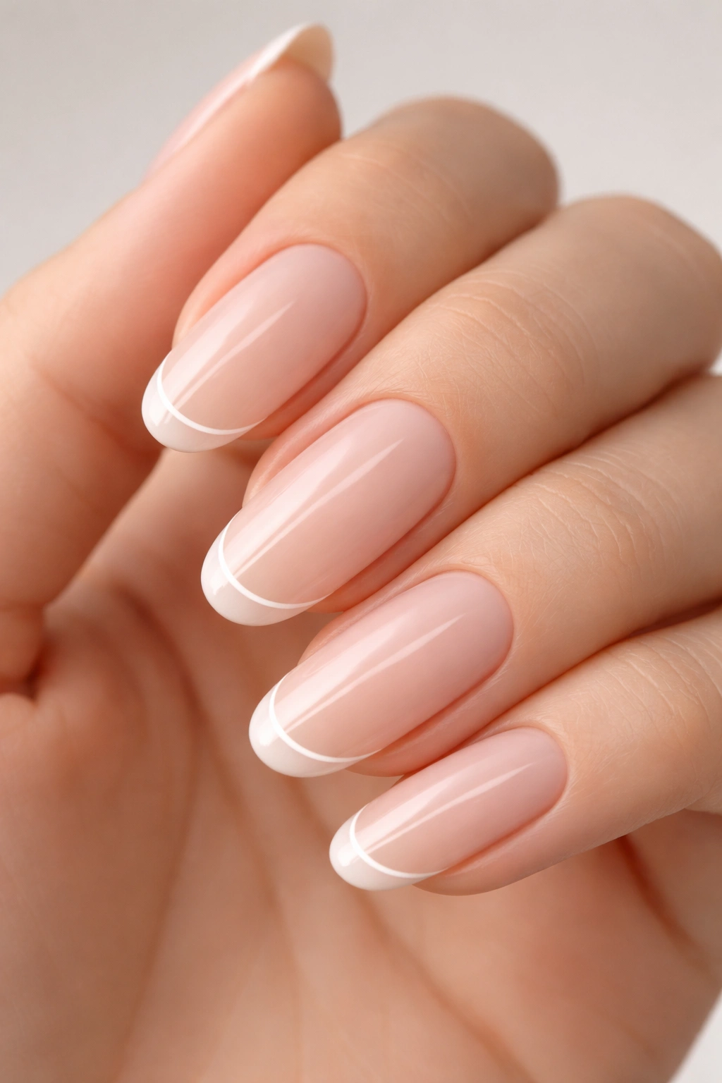 Close-up of nails with a single thin line at the tip on long round acrylic nails