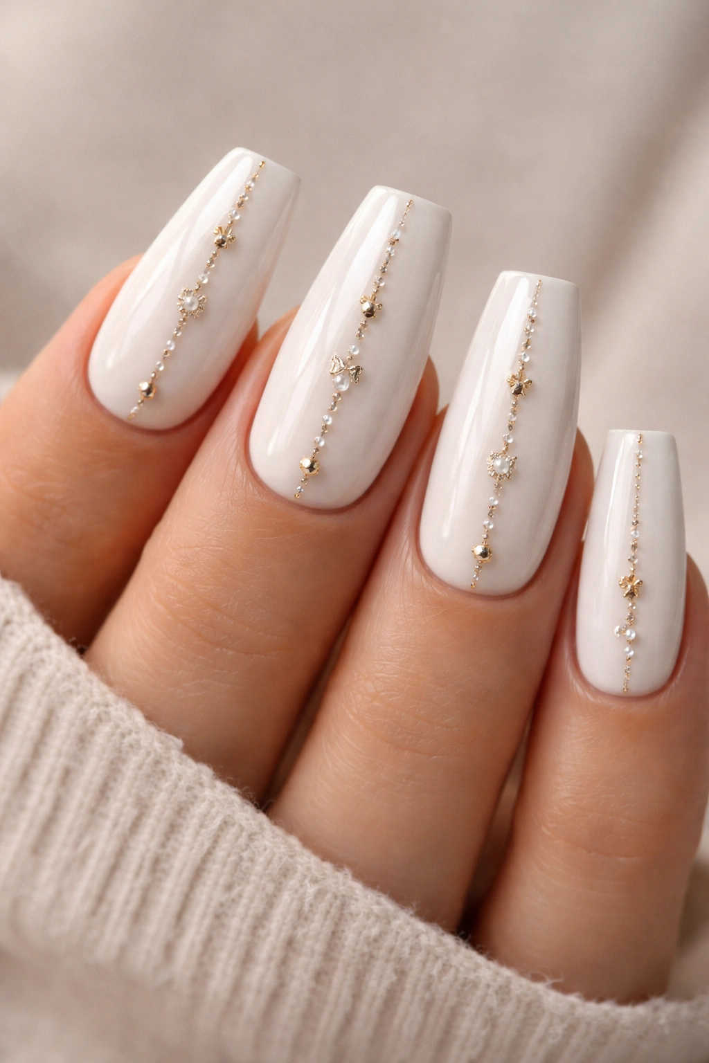 Close-up of white duck nails with a single line of tiny charms along each nail