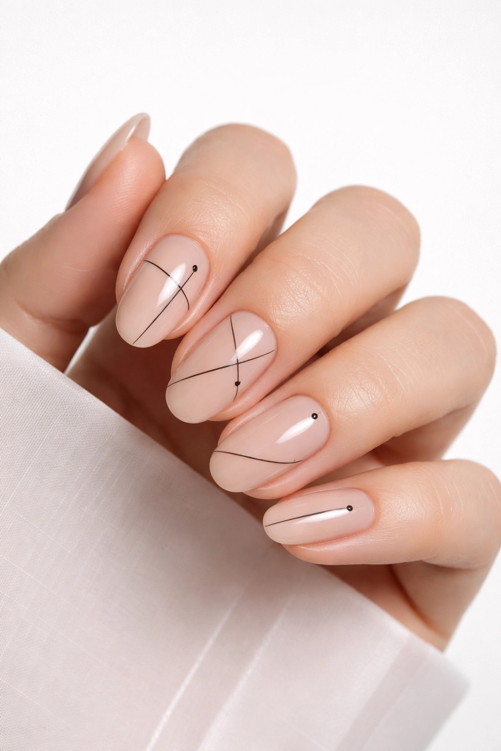 Nails with minimalist lines and dots on a neutral base.
