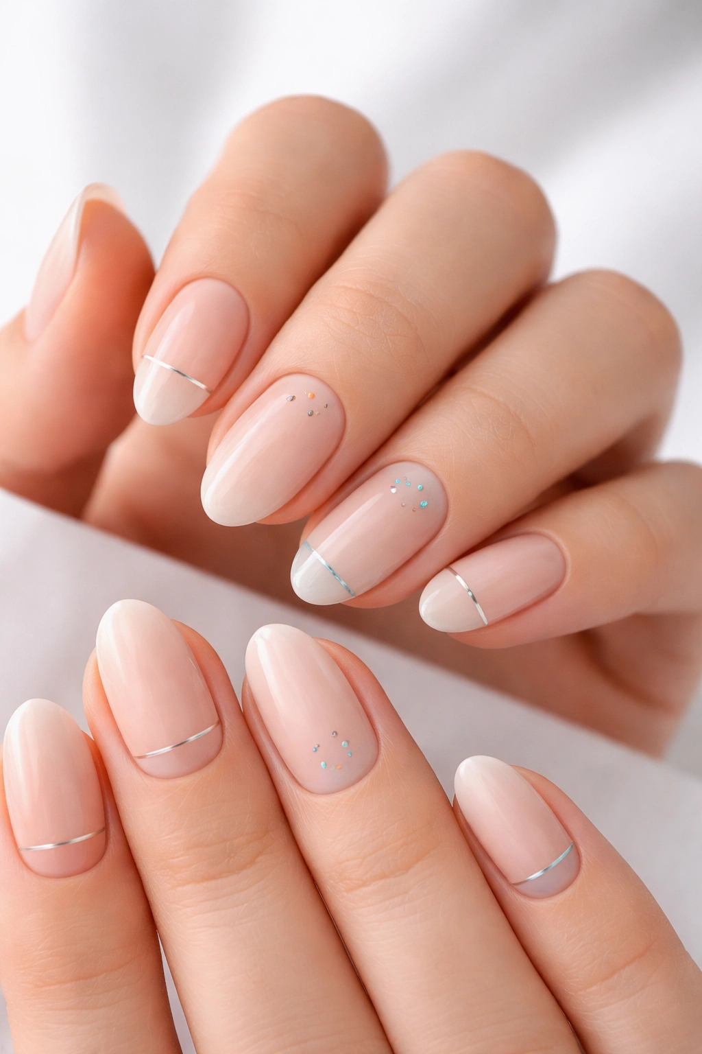 Nails with minimalist lines and dots in negative-space design