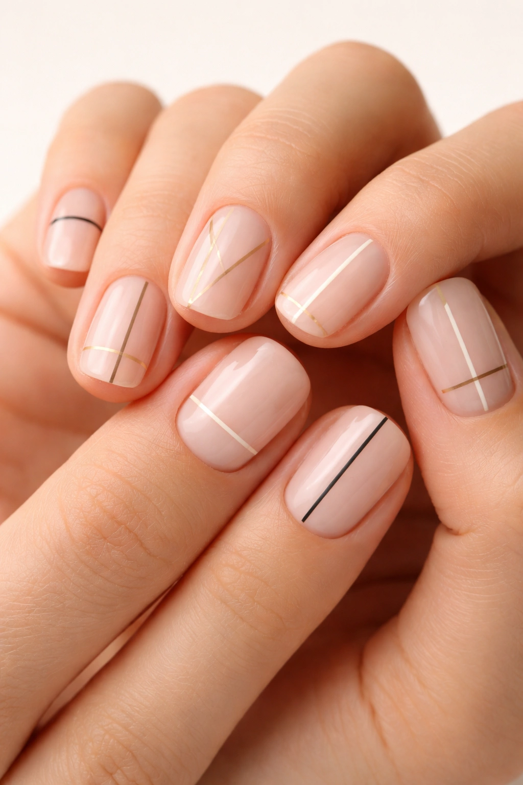 Close-up of minimalist line nail art with thin lines on a solid base