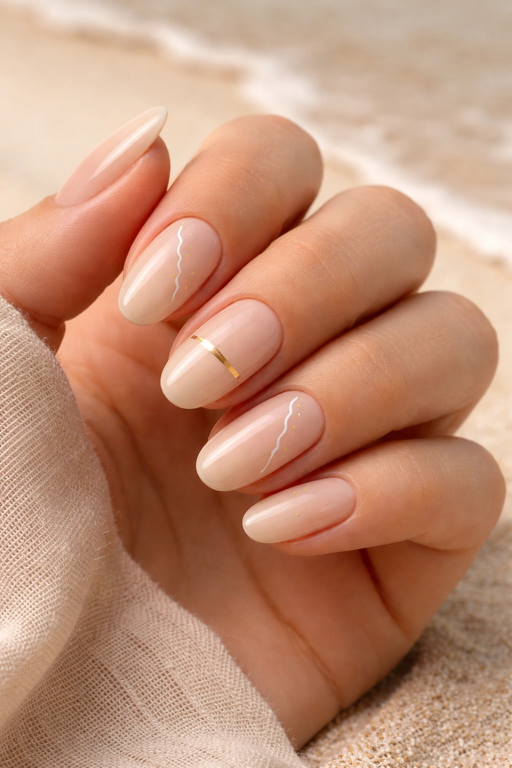 Nude minimalist nails featuring a single thin gold line