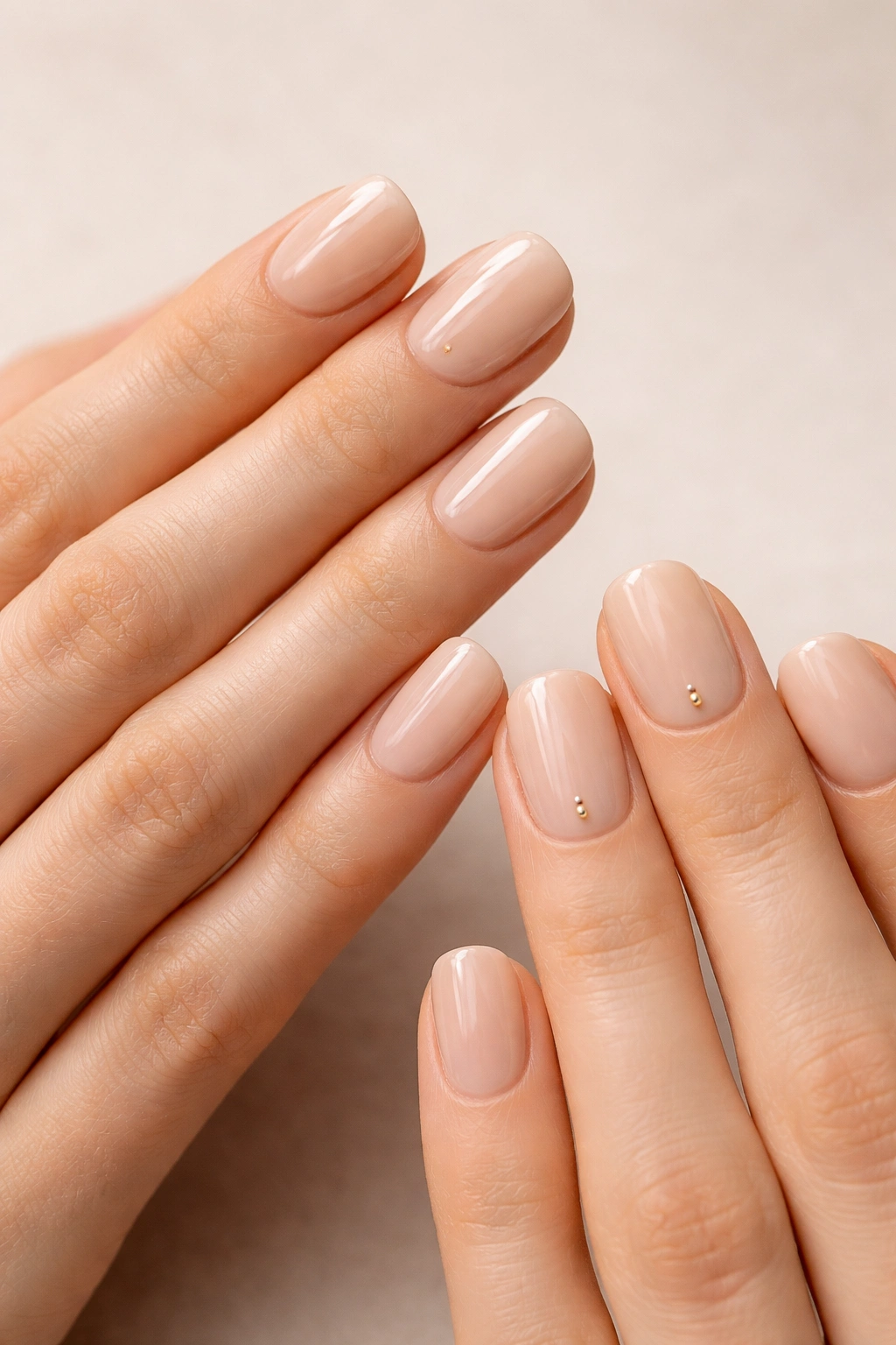 Close-up of minimalist nails with nude bases and simple matching line or dot accents