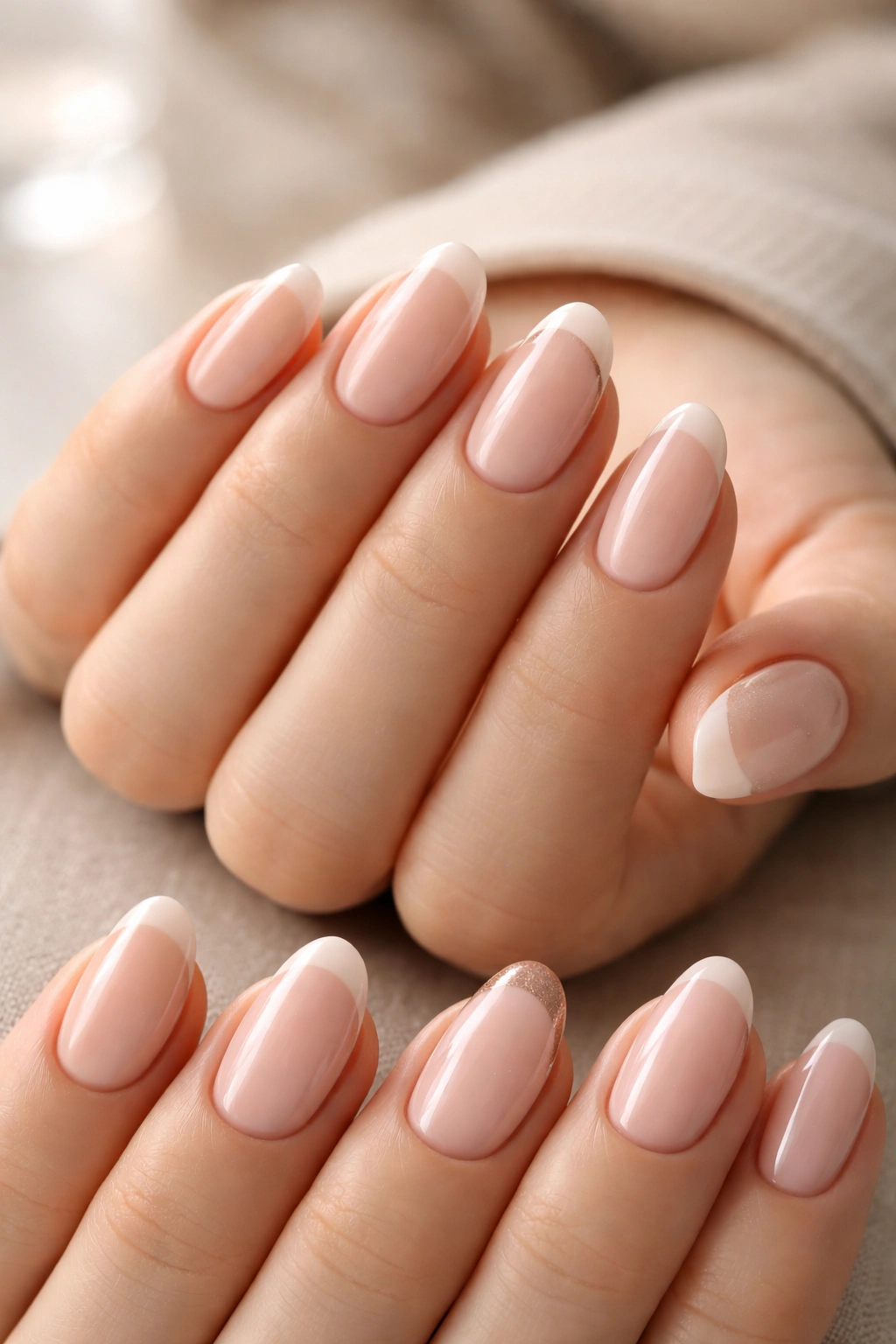 Hand showing varied minimalist French tip styles on short almond nails