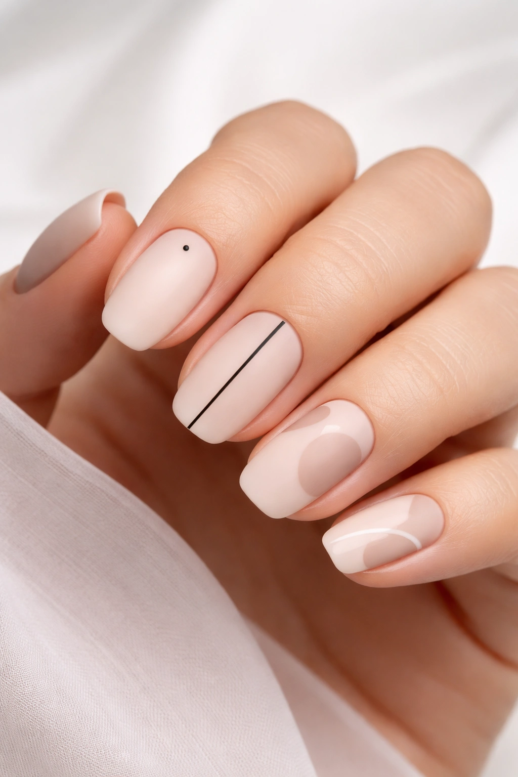 Nails with minimalist designs: line, negative space, dot, matte finish.