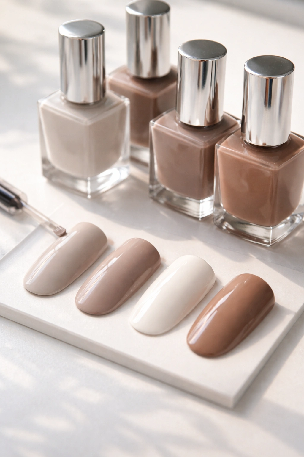 Close-up of neutral nail color swatches showing greige taupe milky white and beige for minimalist nails