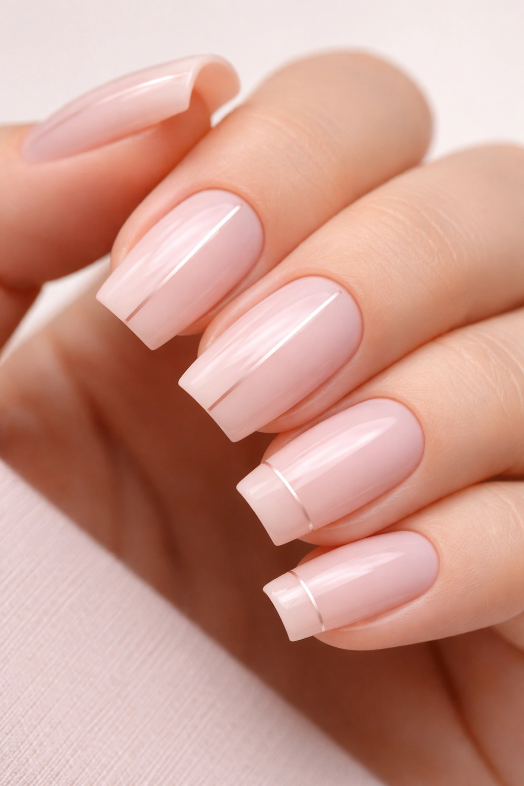 Close-up of square nails with minimalist pink line designs on a hand