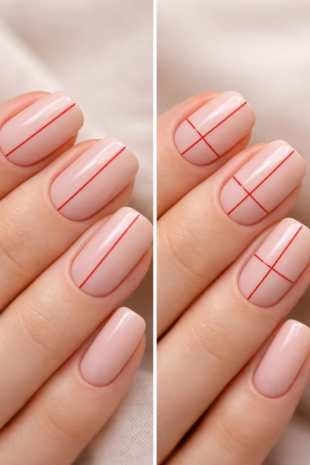 Nude squoval nails with a single thin red line for minimalist manicure