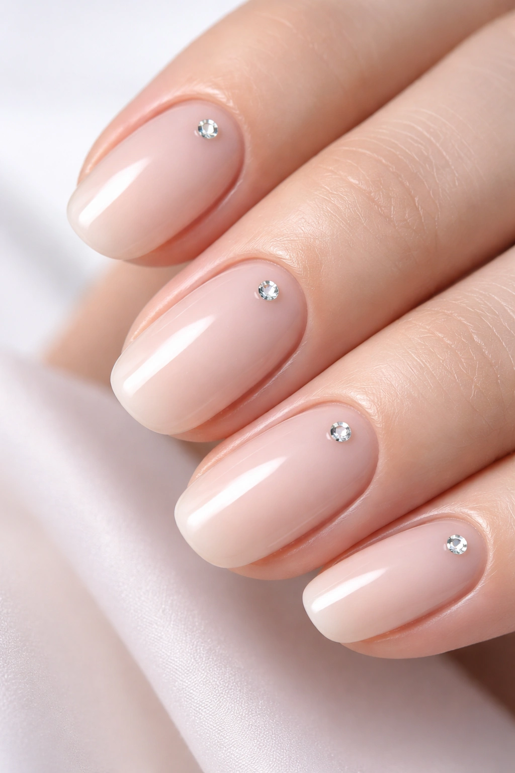 Close-up of nails with single rhinestone on each nail