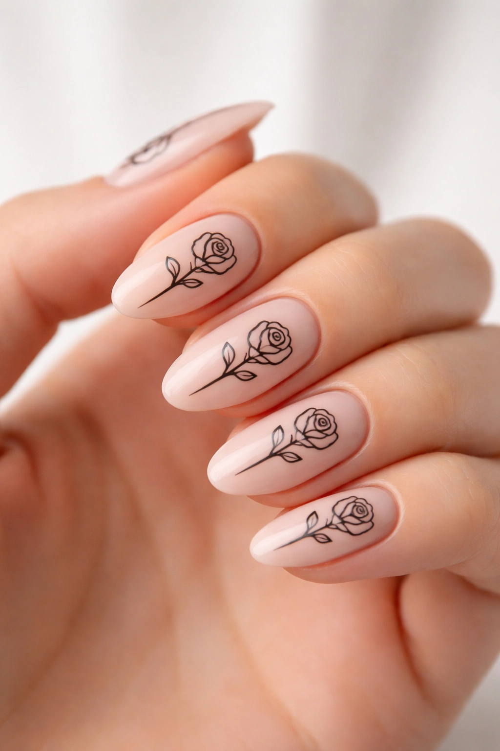 Close-up of minimalist rose outline nails on nude base, black line art