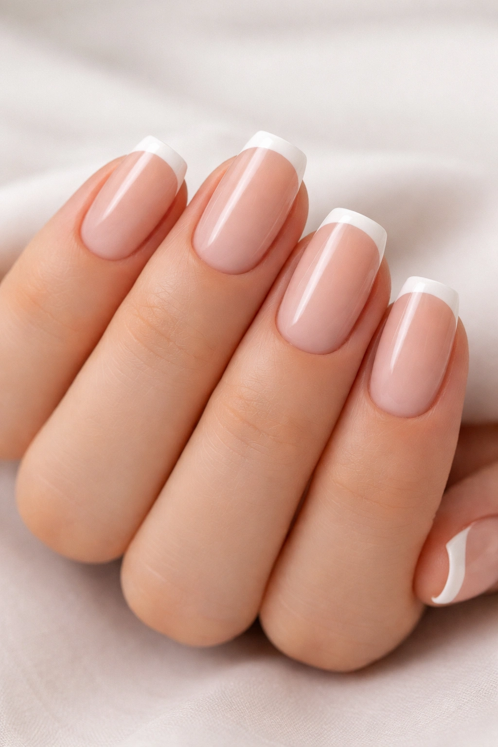 Close-up of soft square nails with nude base and thin white French tip on a hand
