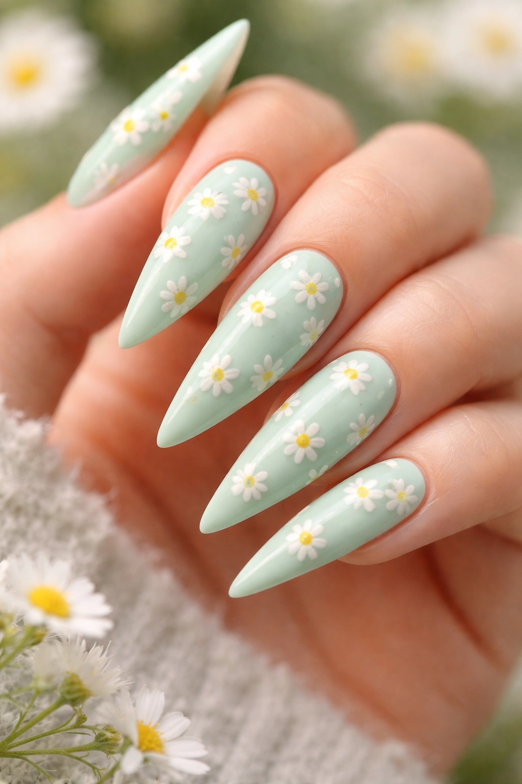 Mint green stiletto nails adorned with tiny white daisies