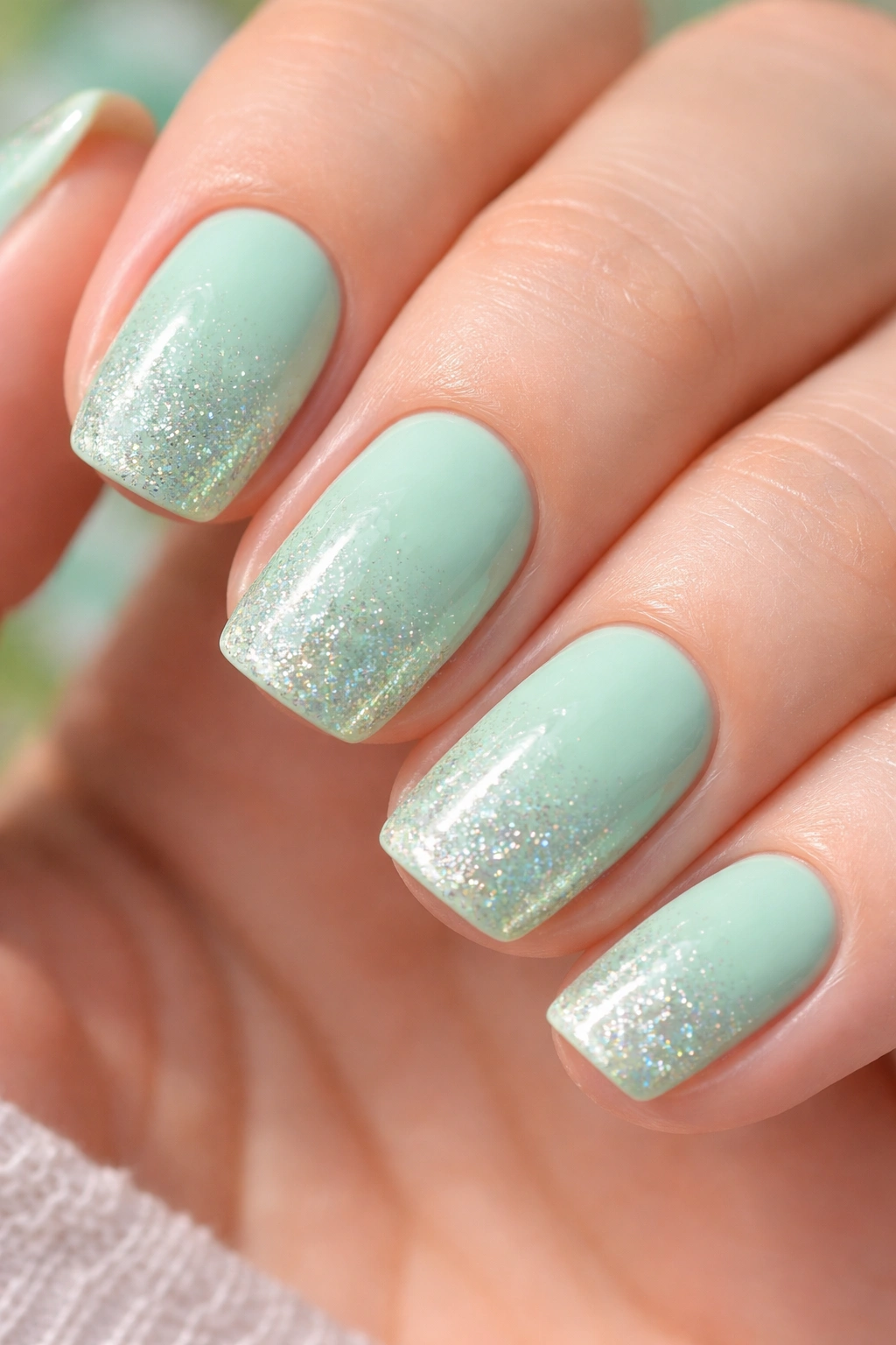 Close-up of short squoval nails in mint green with glitter gradient toward the tips