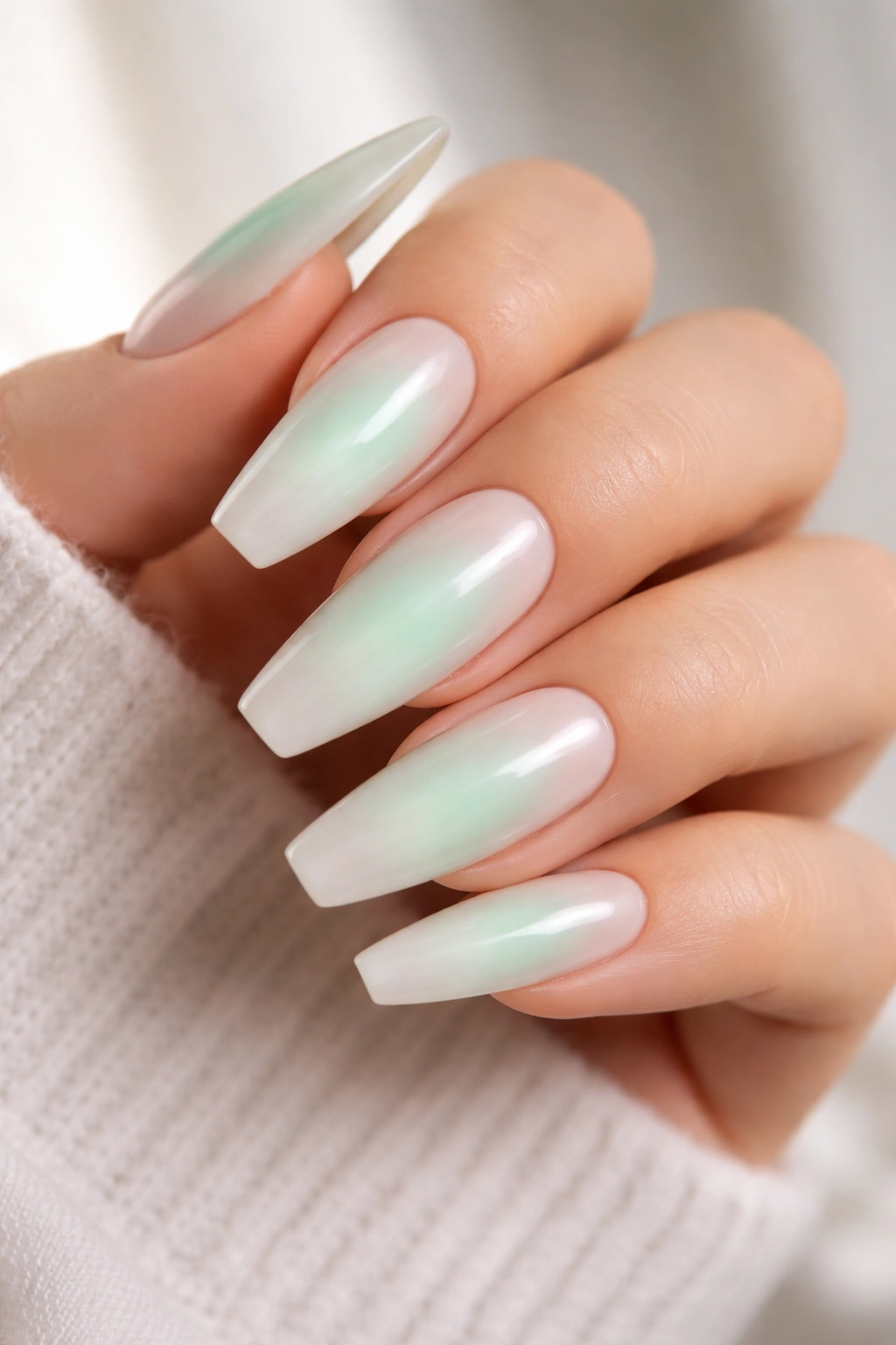 Close-up of mint green aura nails with centered mint halo on milky nude base