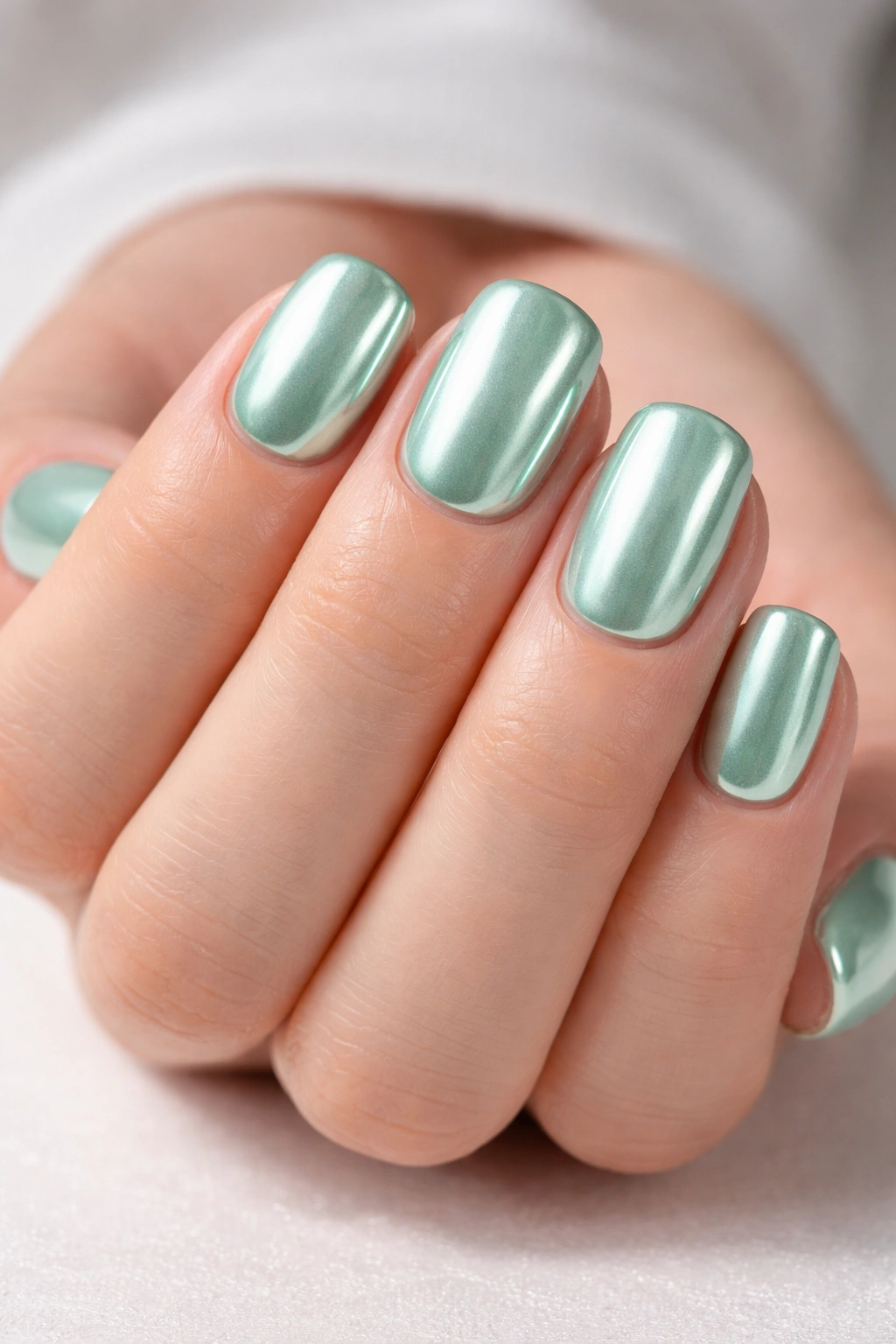 Mint green chrome nails with reflective metallic finish on short nails