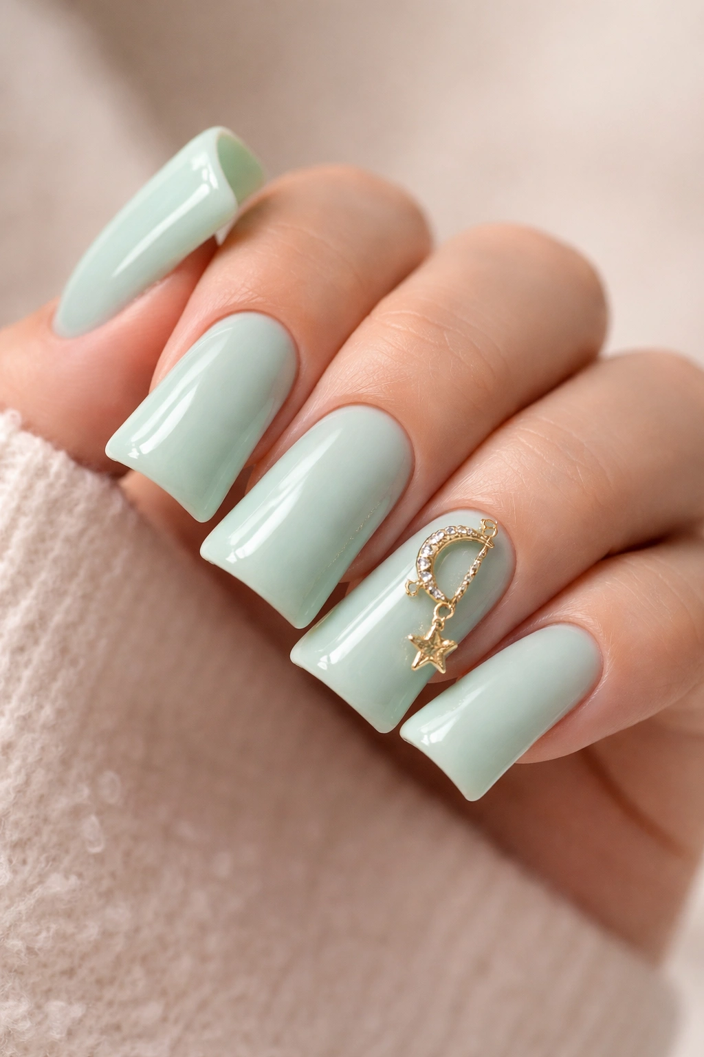 Mint green duck nails with tiny star and moon charms