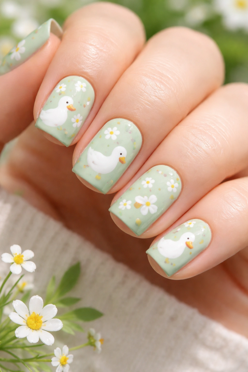 Close-up of mint green nails with white ducks and tiny flowers