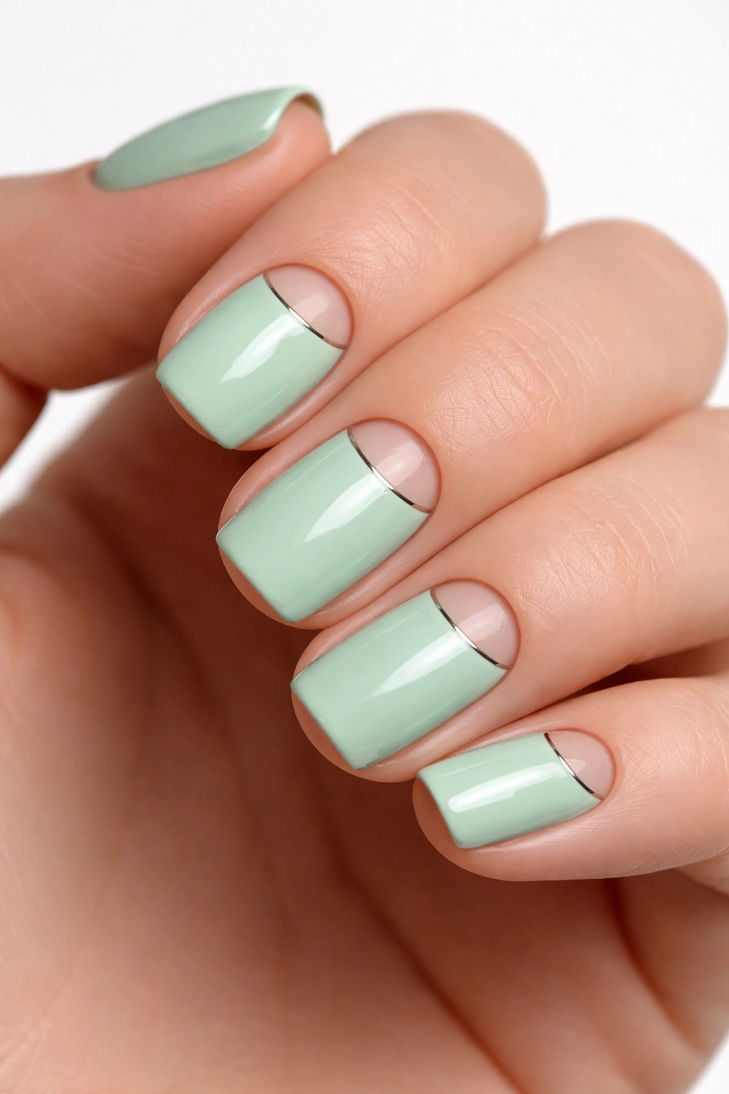Close-up of mint green short nails with a natural half-moon near the base