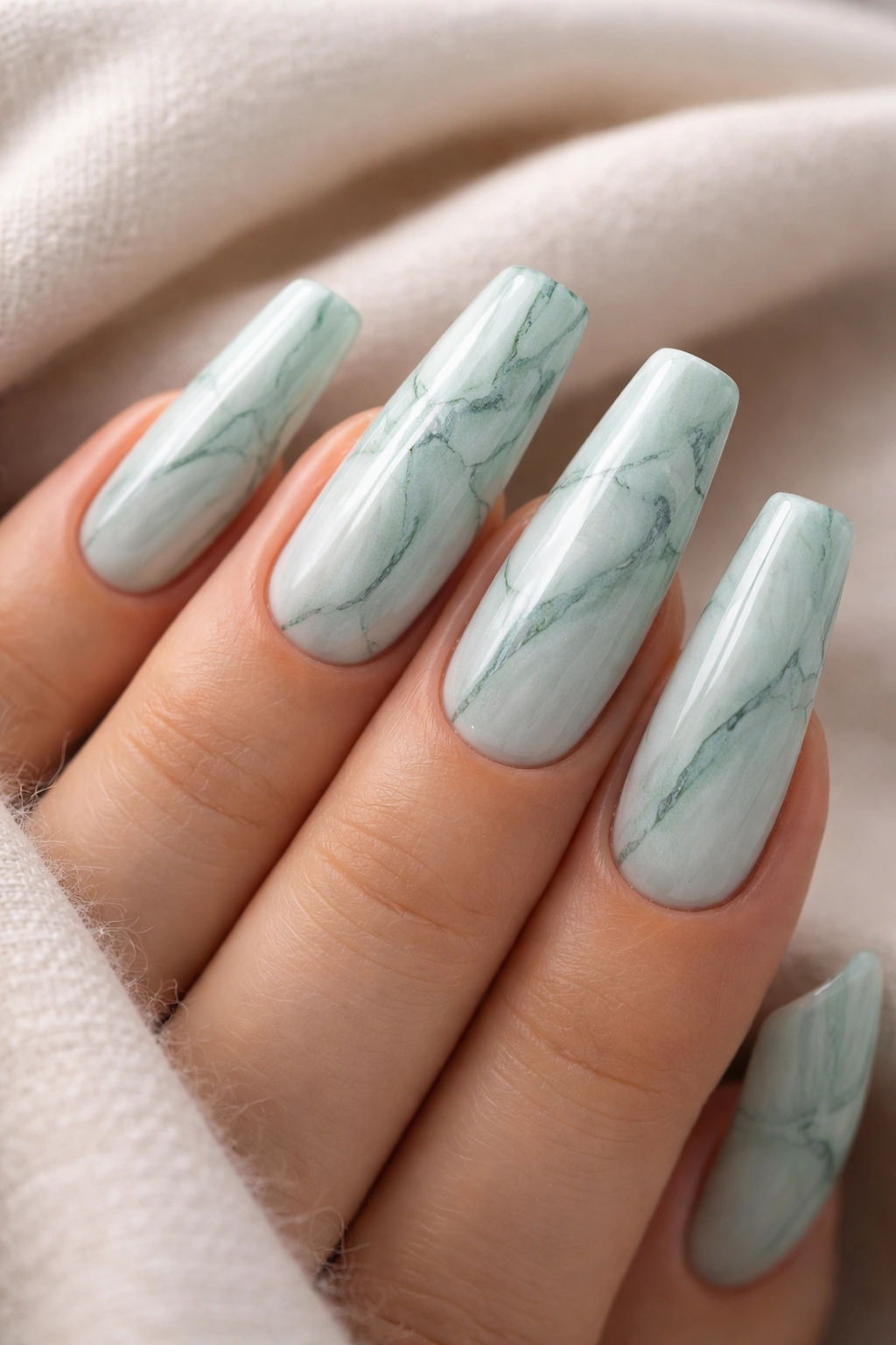 Close-up of mint green coffin nails with marble veining