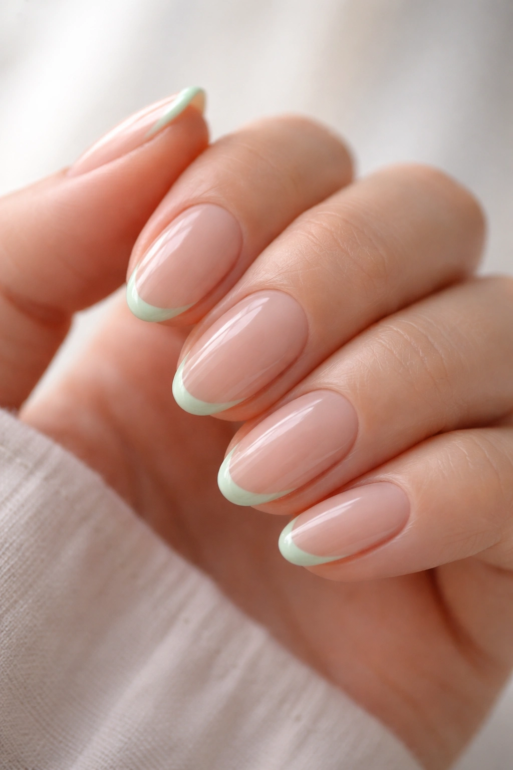 Close-up of short almond nails with mint green micro-line on clear base