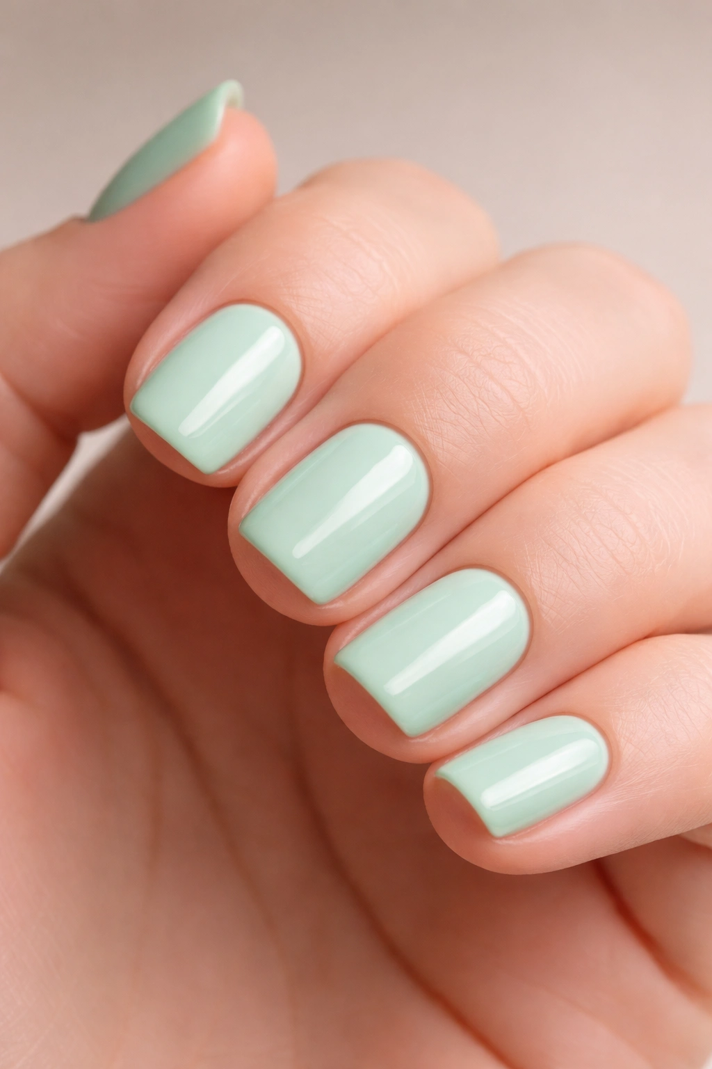 Close-up of short nails painted mint green with a smooth finish