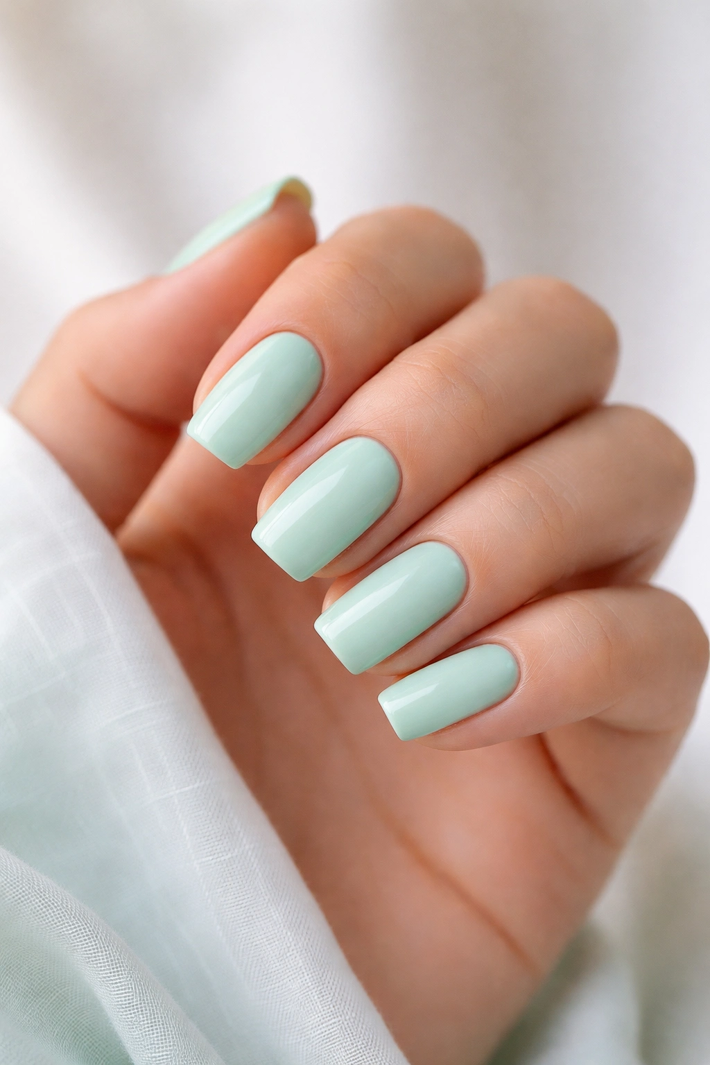 Close-up of mint green nails on a neutral background
